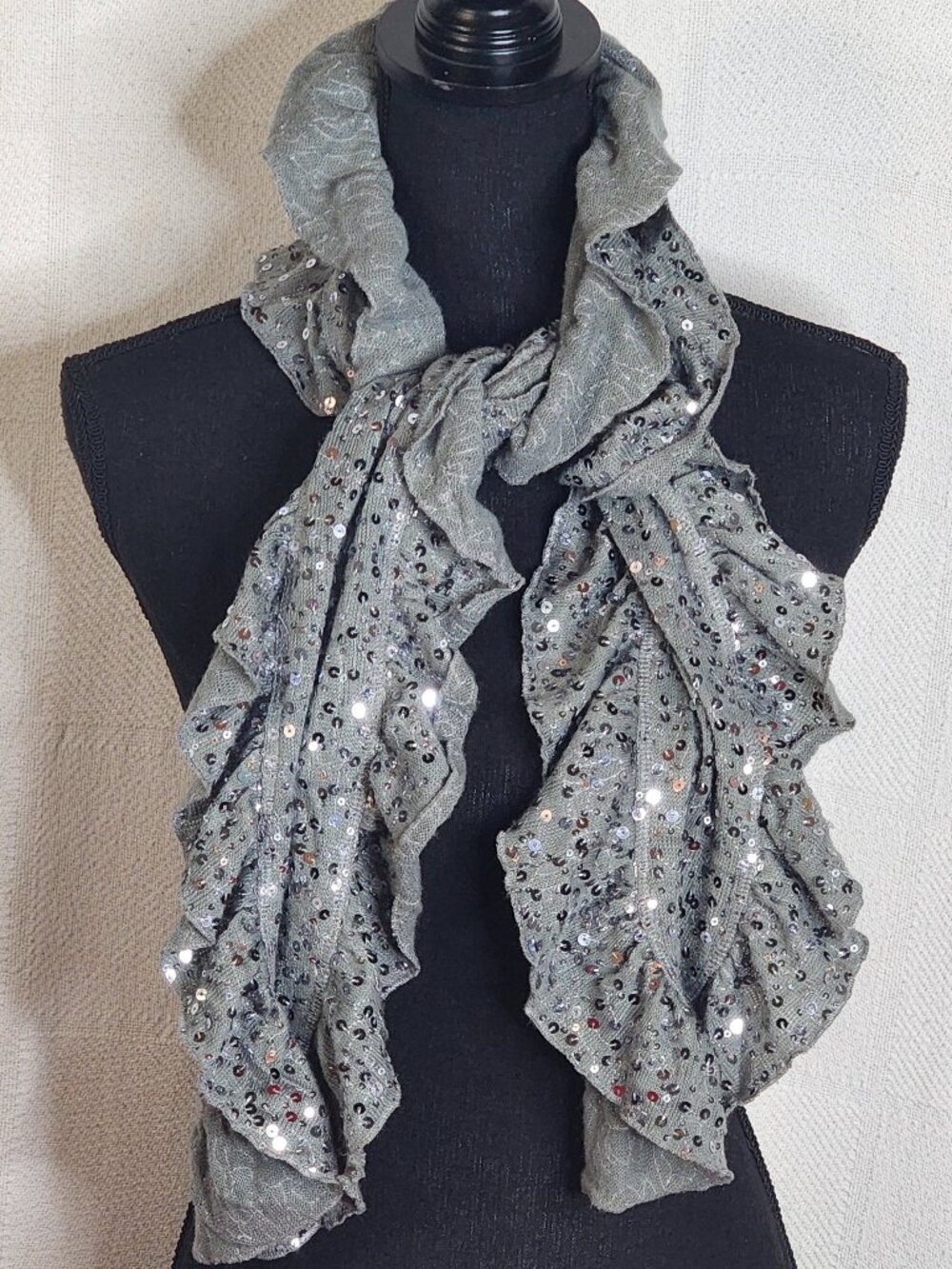 Chico's Grey with Silver Stitched Paillettes Ruffled Vintage Neck Scarf OSFM